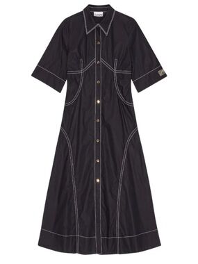 Ganni Black Maxi Shirt Dress with Contrast White Stitching